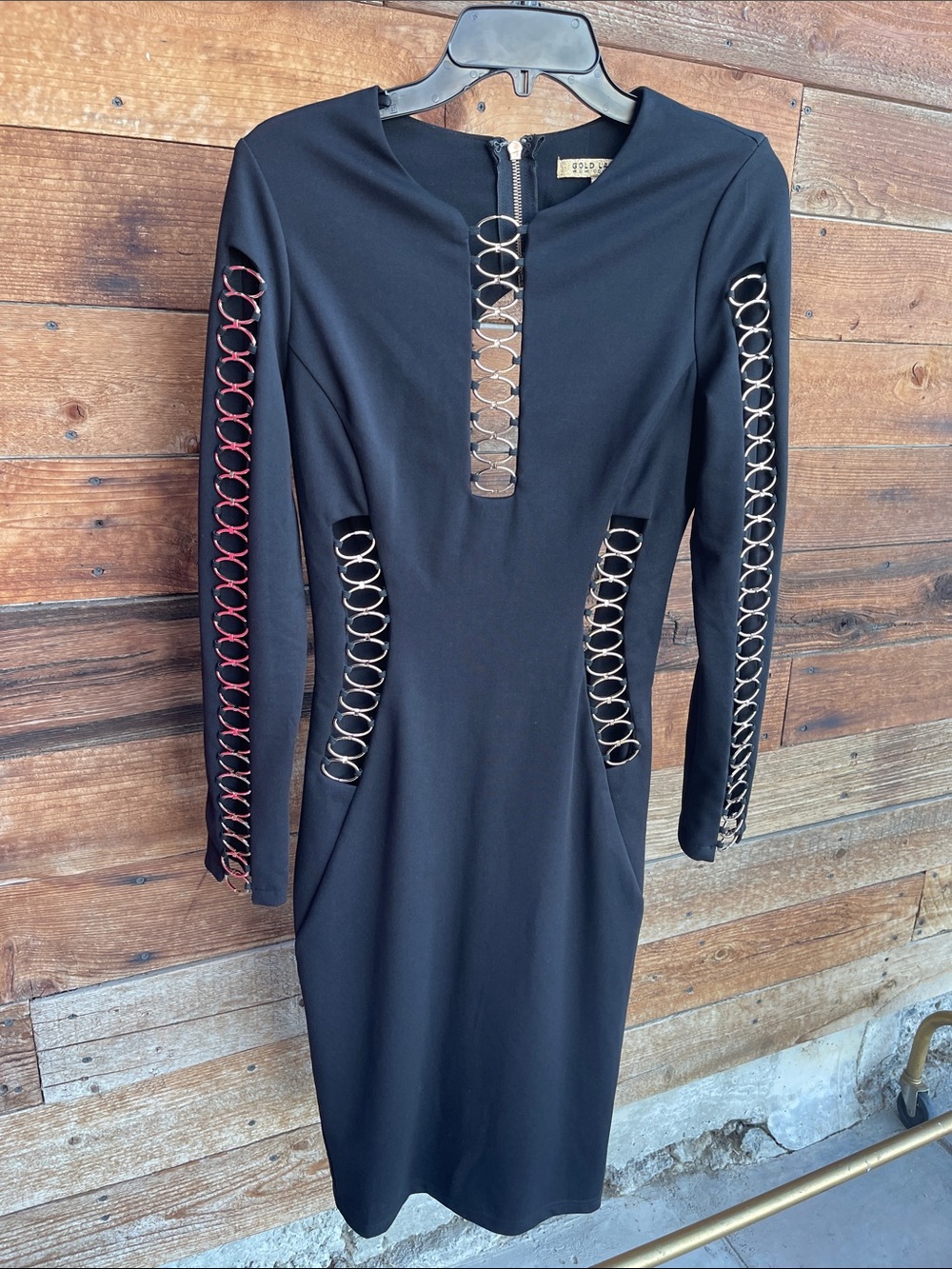 Gold Label Noir Couture Black Bodycon Dress Ring Cutout Open Back Long Sleeve